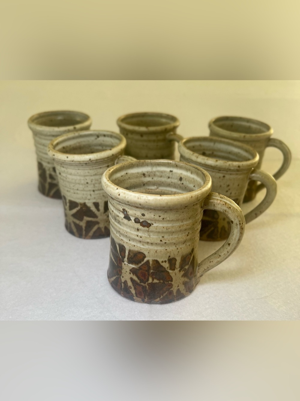 Vintage Studio Art Pottery Speckled Stoneware Mugs Set of 6 Sign SF  Hand Thrown